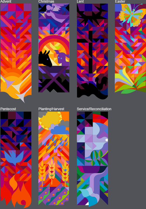 Set of seven liturgical banners designed for the First Mennonite Church, Hillsboro, Kansas